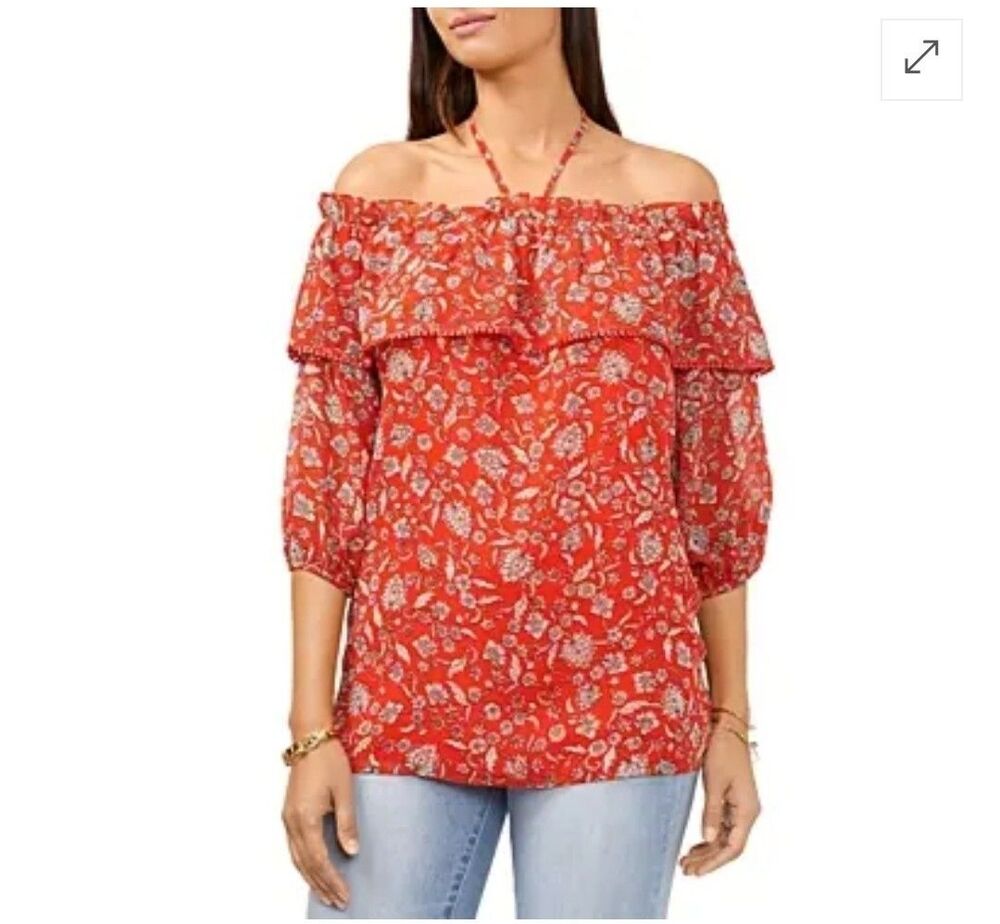 Vince Camuto Off-The-Shoulder Halter Floral Top Pom Pom Trim Red Orange M